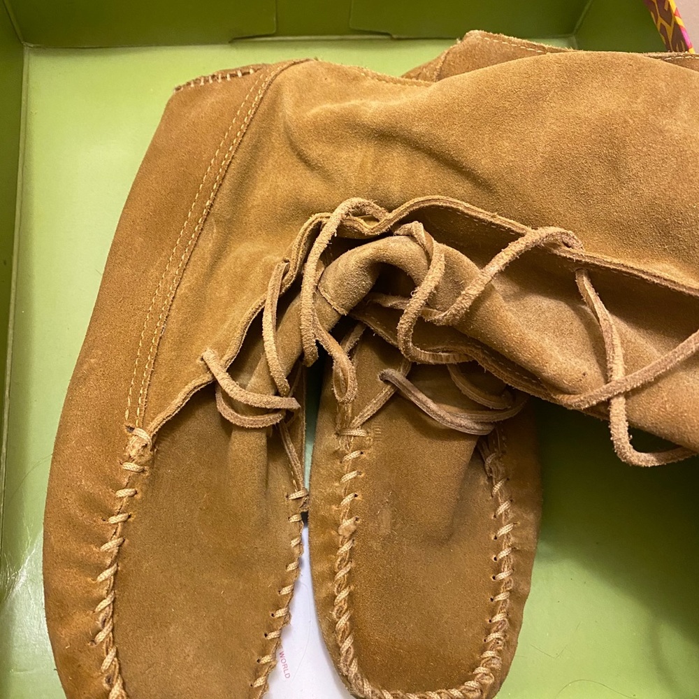 Tory Burch Suede Camel Moccasin Lace up Boots - Picture 7 of 16